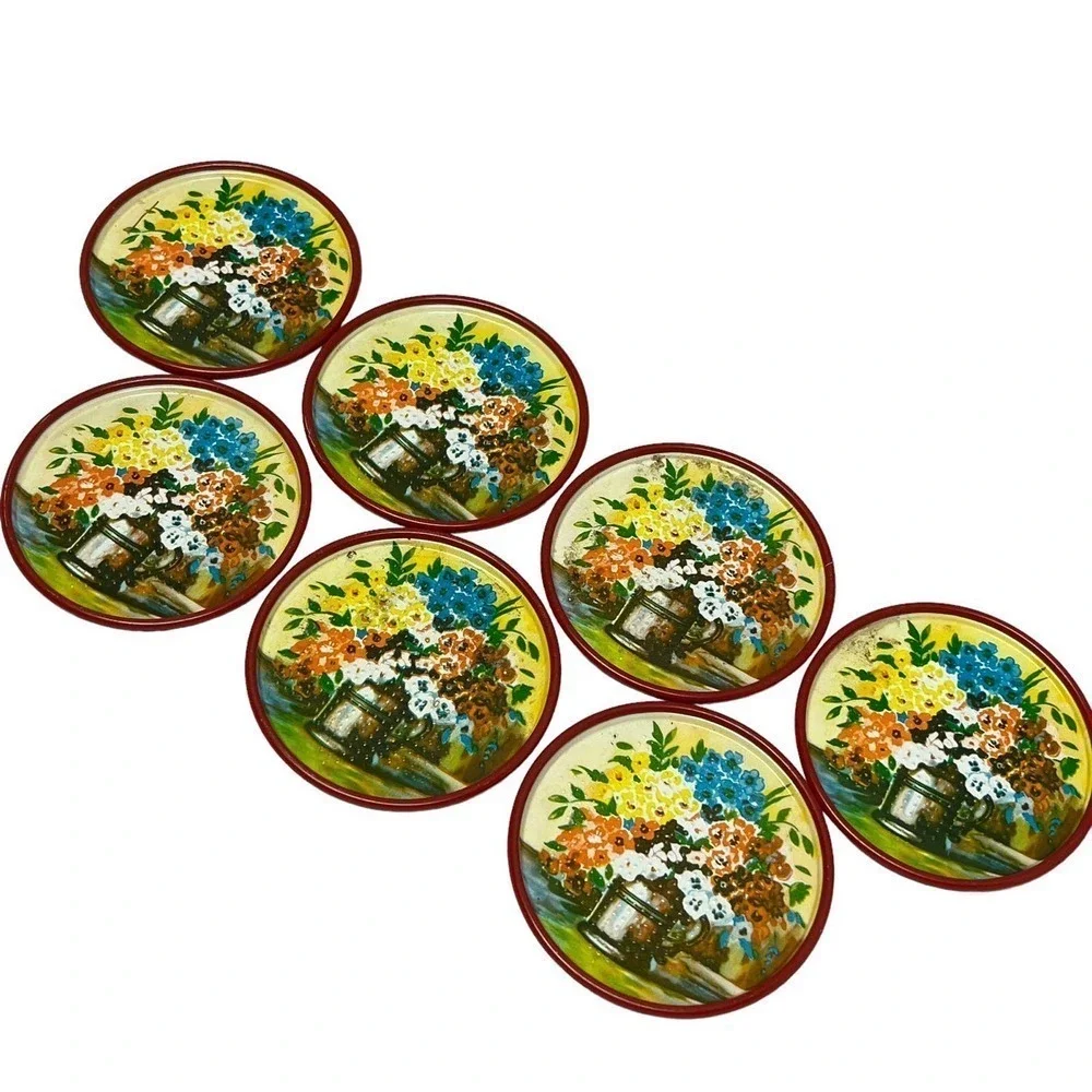 Vintage 50’s Coasters Red Floral Aluminum Tin Can Painted‎